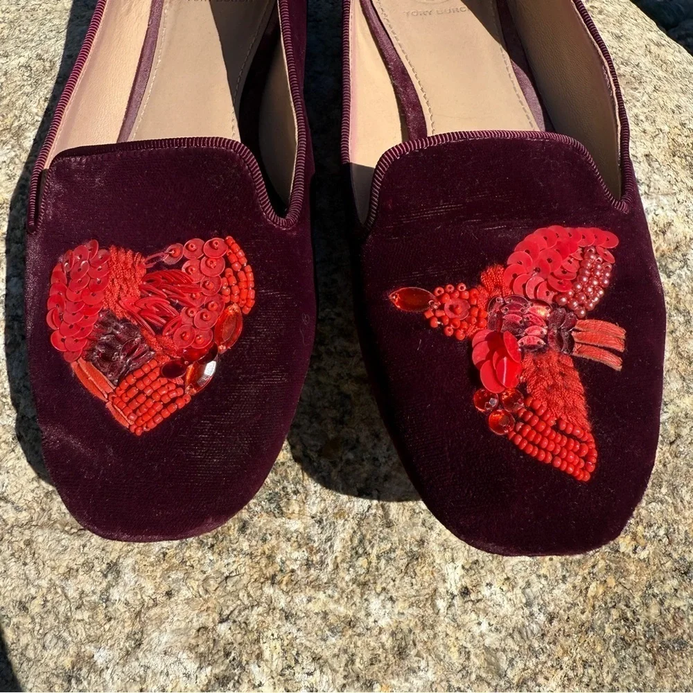 Tory Burch Women's Red Velvet Flats Size 8 Peace Bird Heart Sequins Casual